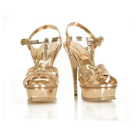 YSL Metallic Rose Gold Leather Platform Sandals 